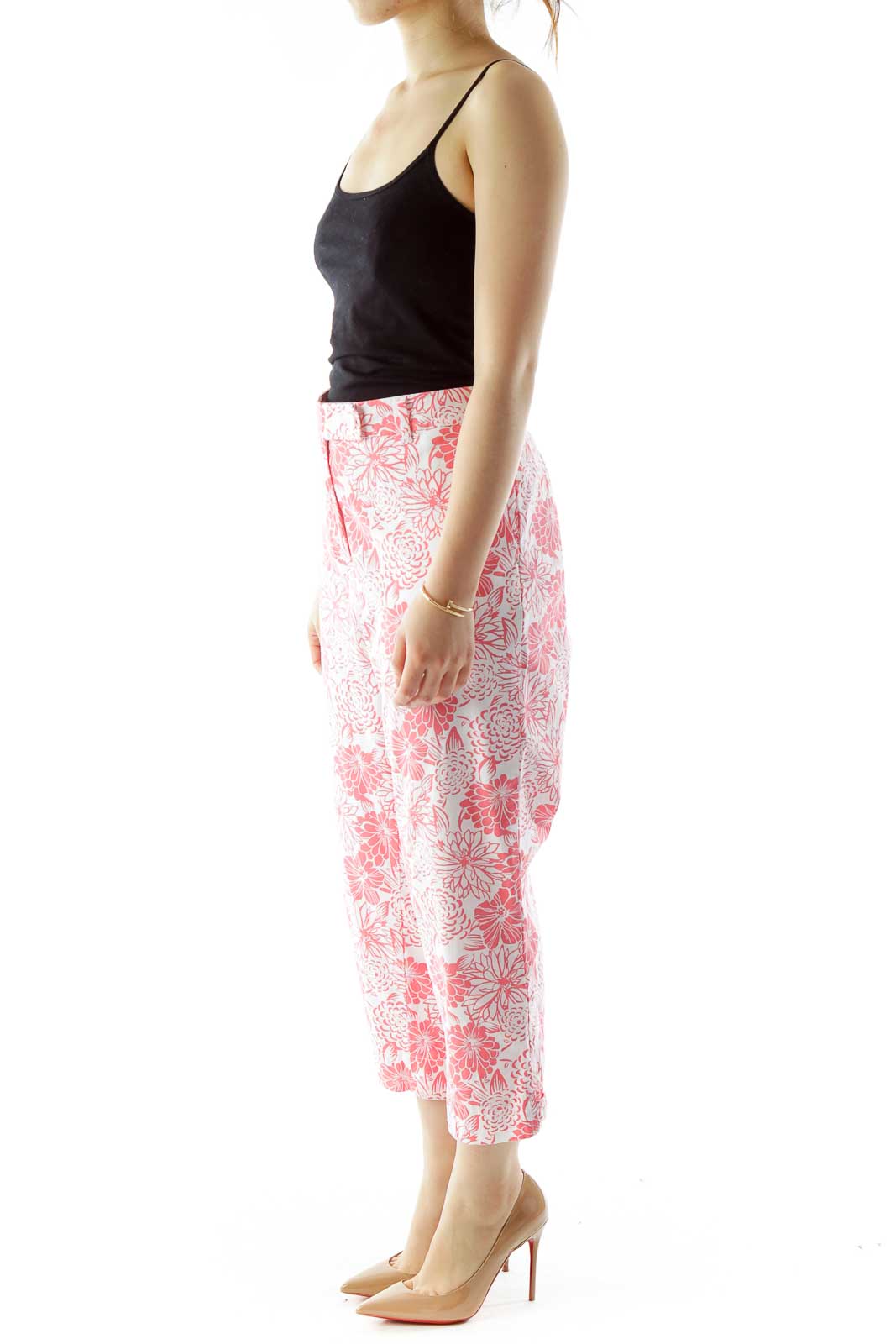 Pink White Flower Print Tapered Pants