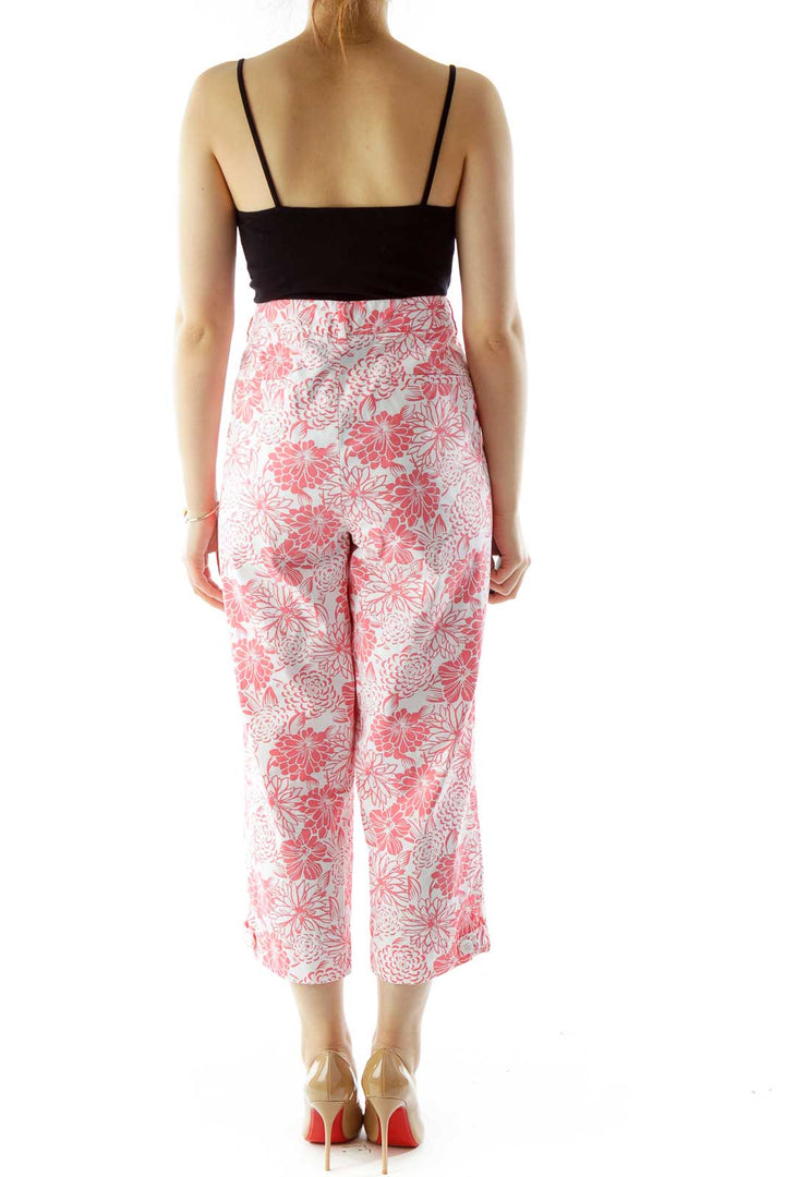 Pink White Flower Print Tapered Pants