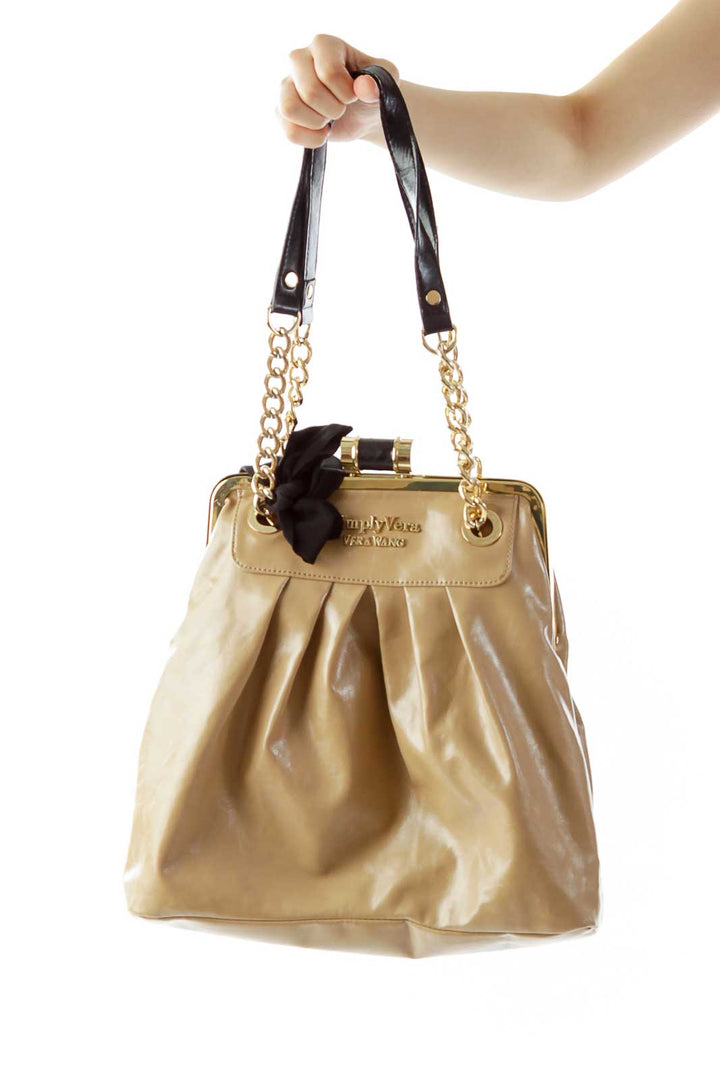 Beige Black Gold Faux-Leather Shoulder Bag with Bow