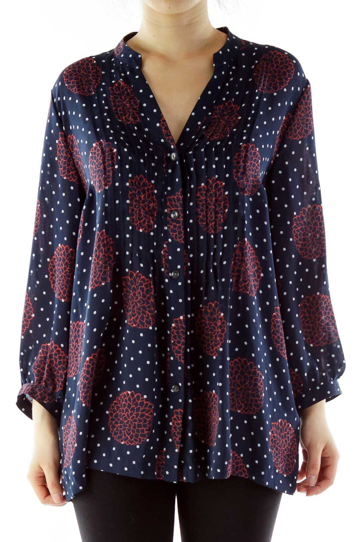 Navy White Red Flower Polka-Dot Pleated Blouse