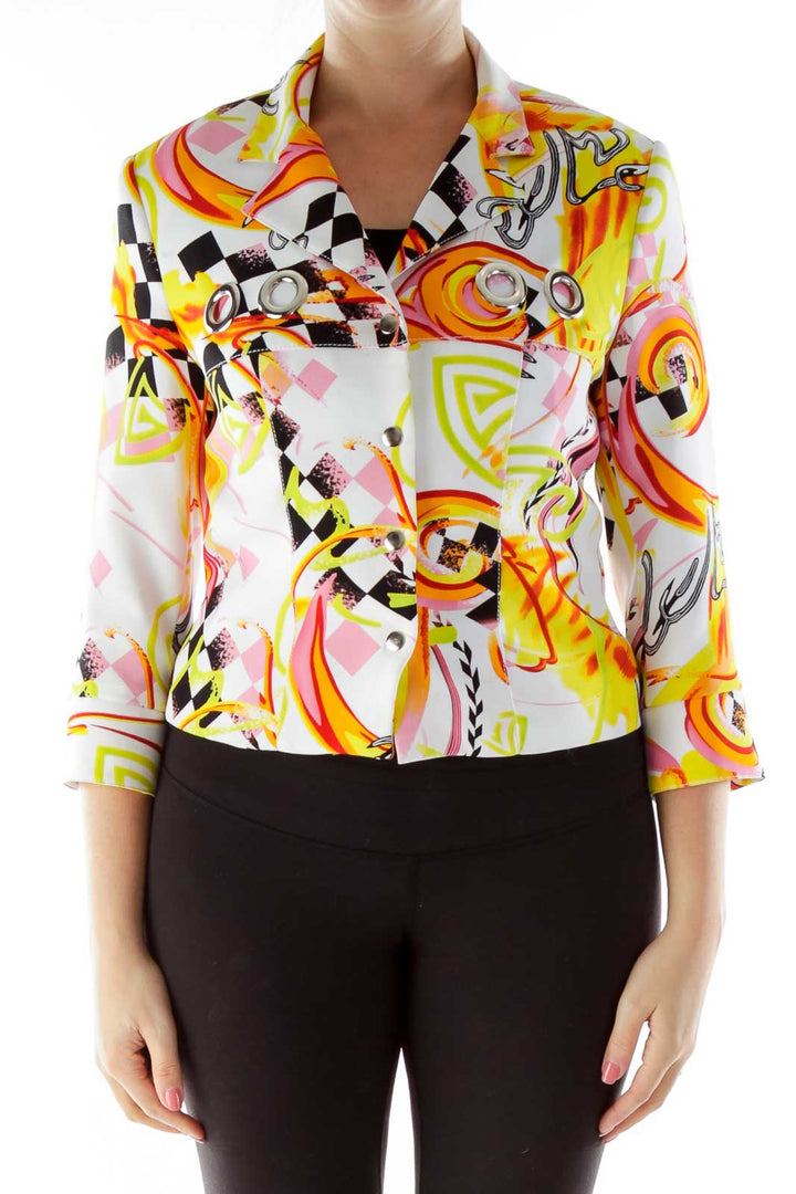 Multicolor Buttoned Print Jacket with Hoop Detail