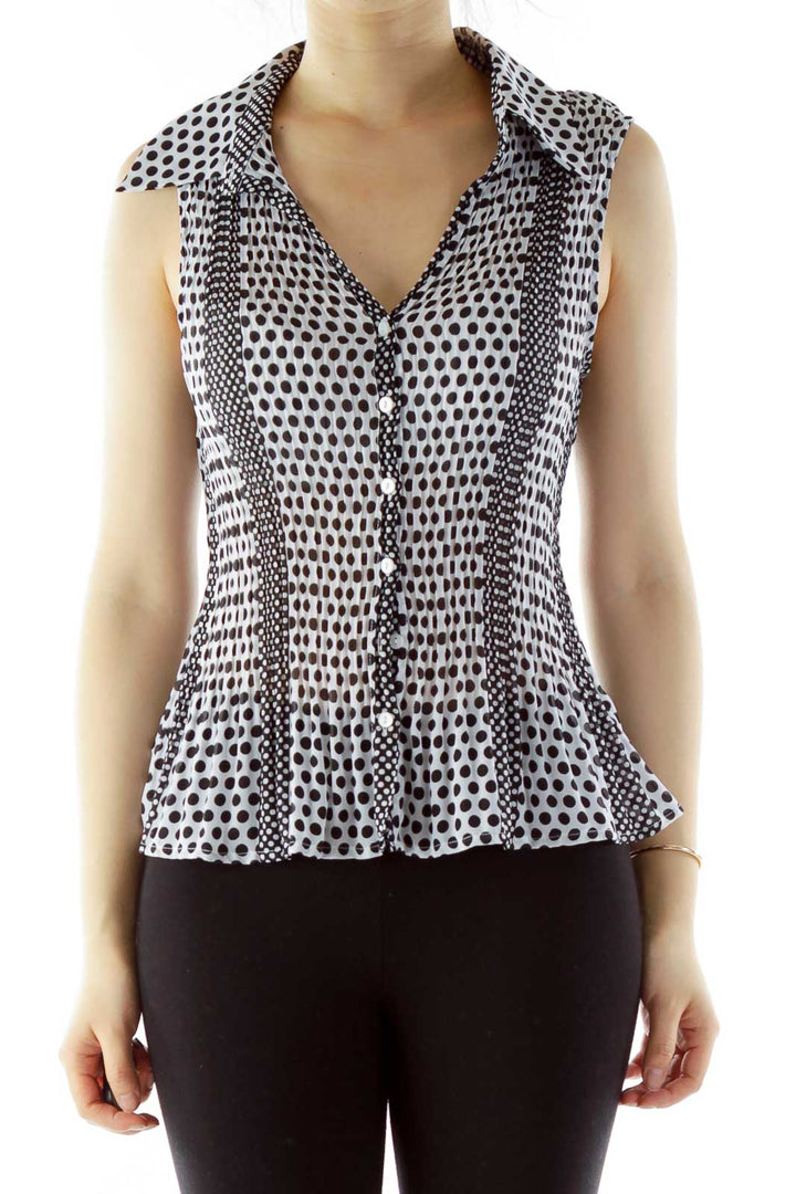 Black White Elastic Polka-Dot V-Neck Blouse