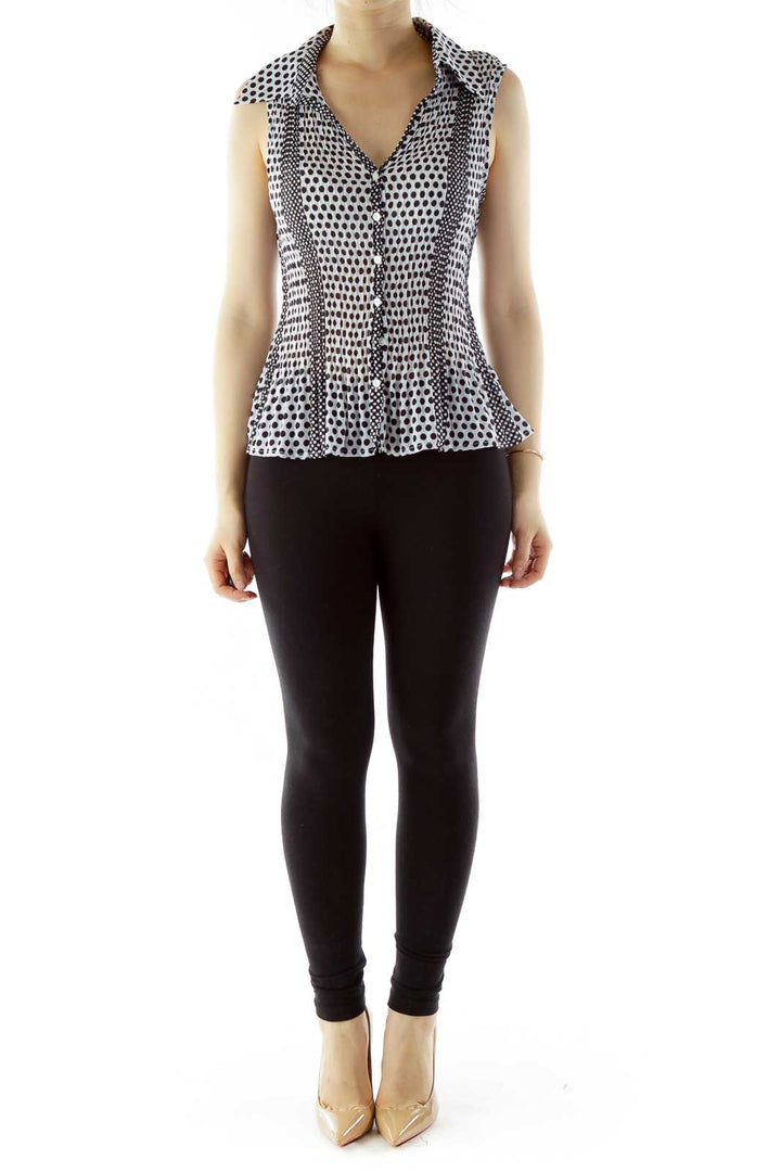 Black White Elastic Polka-Dot V-Neck Blouse