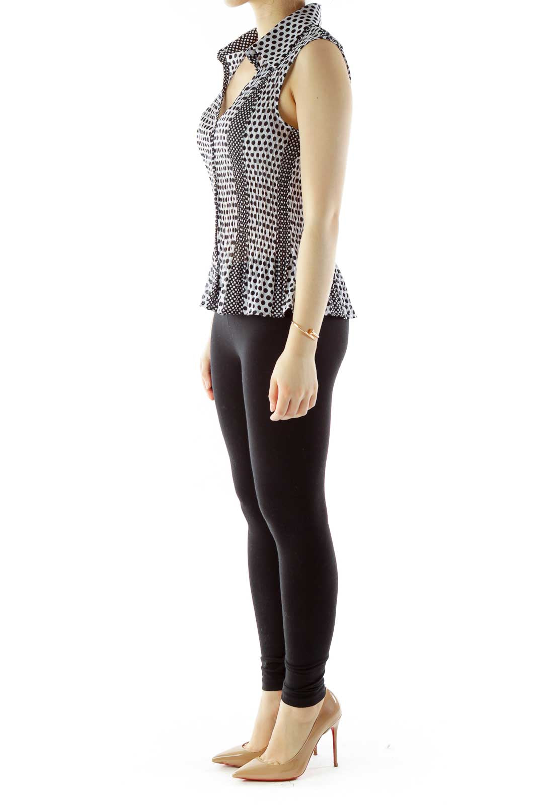 Black White Elastic Polka-Dot V-Neck Blouse