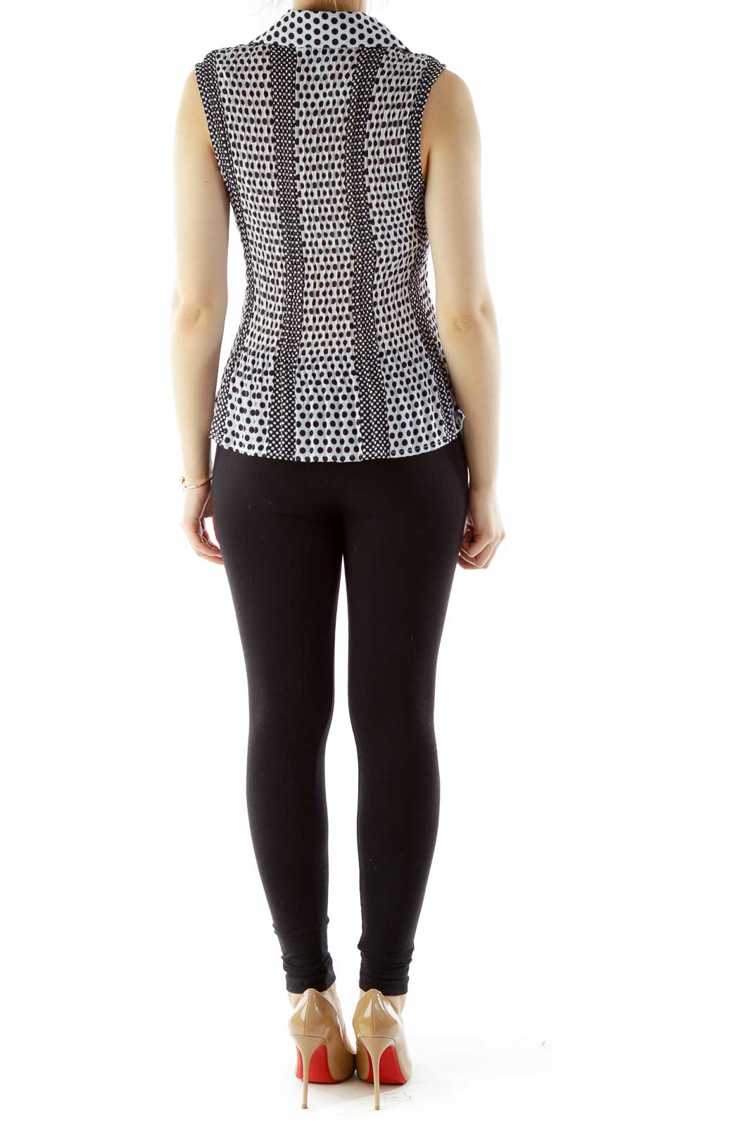 Black White Elastic Polka-Dot V-Neck Blouse