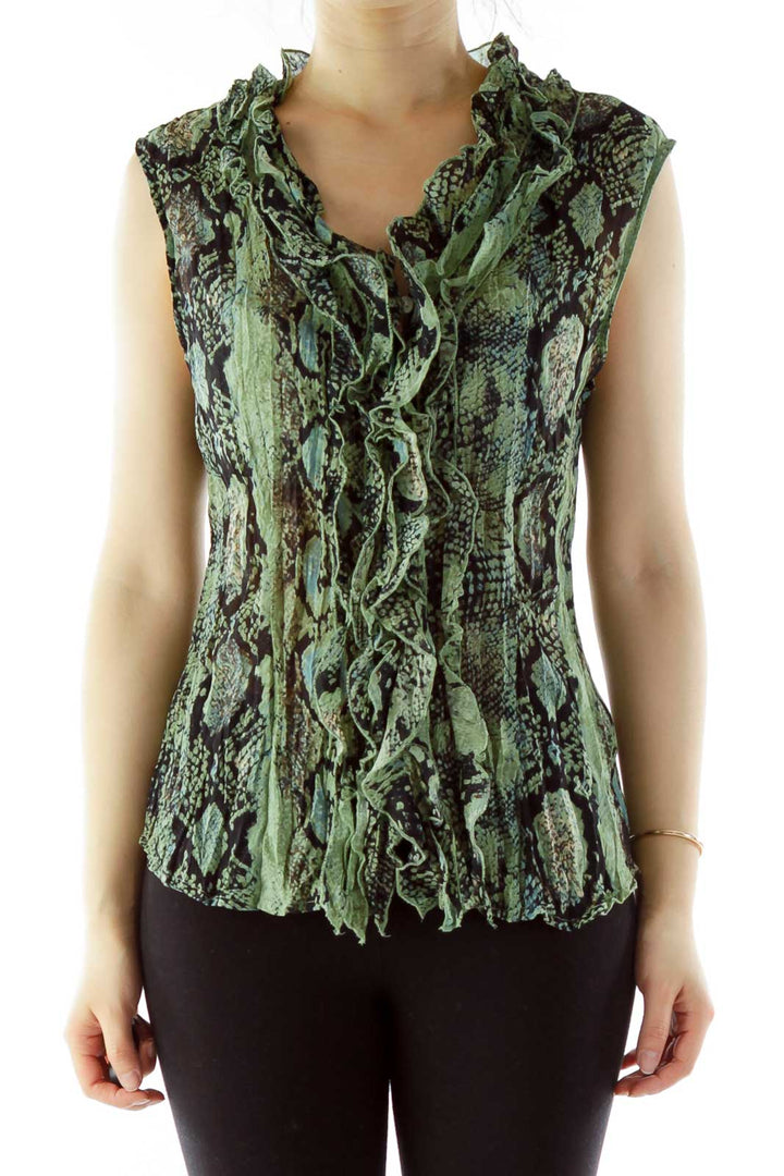 Green Black Ruffled Elastic Snake Skin Blouse