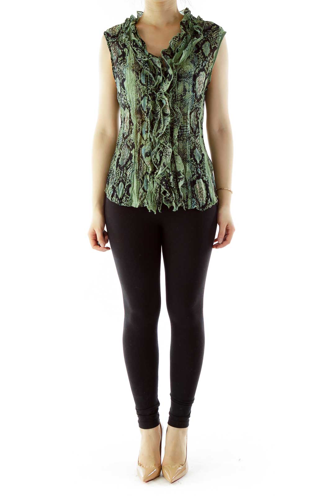 Green Black Ruffled Elastic Snake Skin Blouse