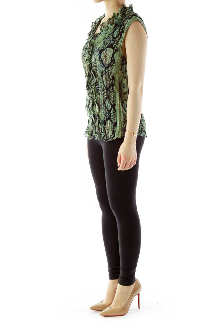 Green Black Ruffled Elastic Snake Skin Blouse