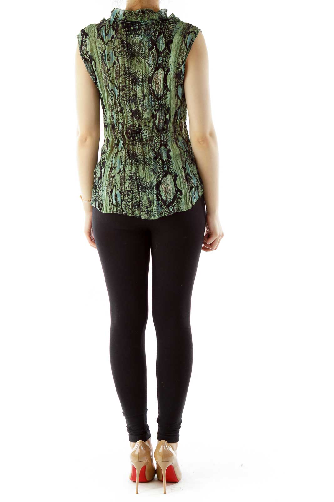 Green Black Ruffled Elastic Snake Skin Blouse