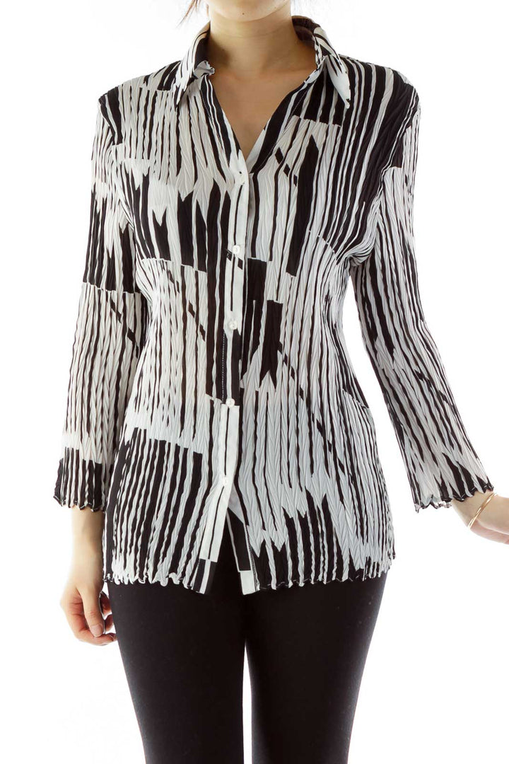 Black White Elastic Geometric Textured Blouse