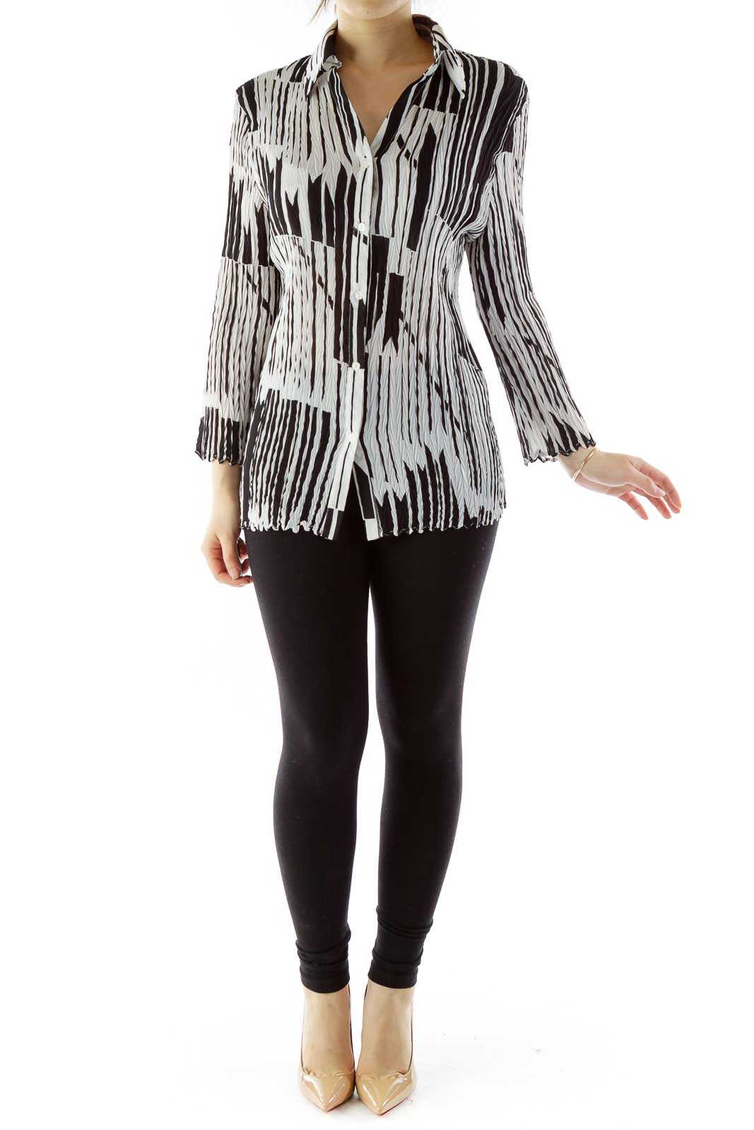 Black White Elastic Geometric Textured Blouse