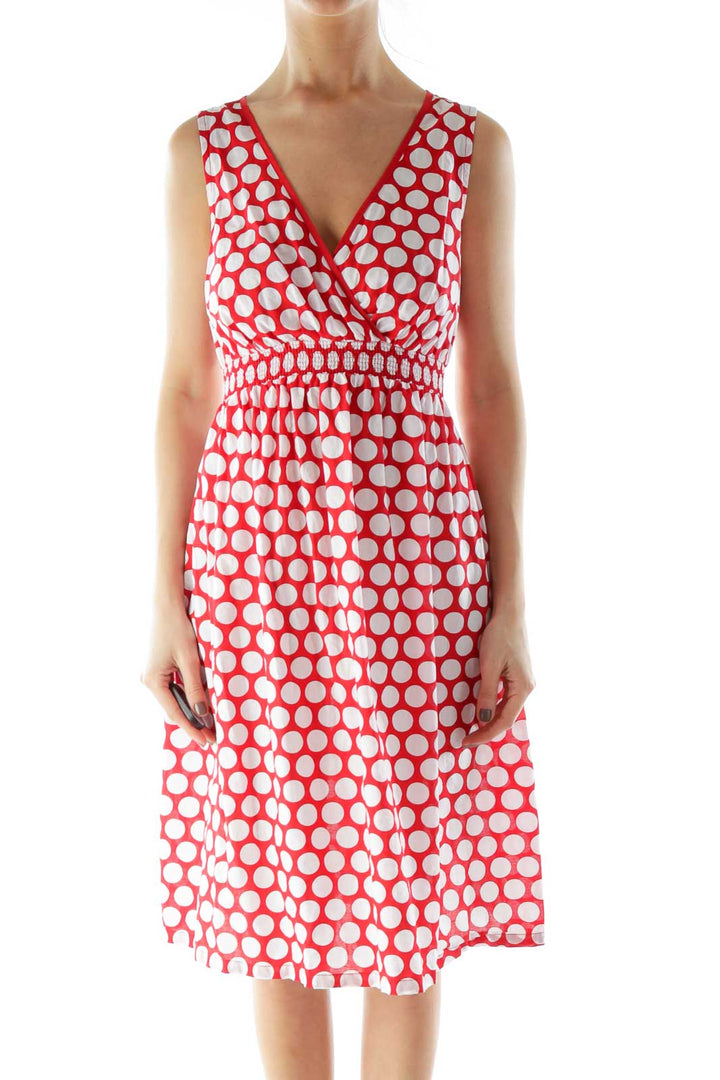 Red White Polka-Dot V-Neck Day Dress