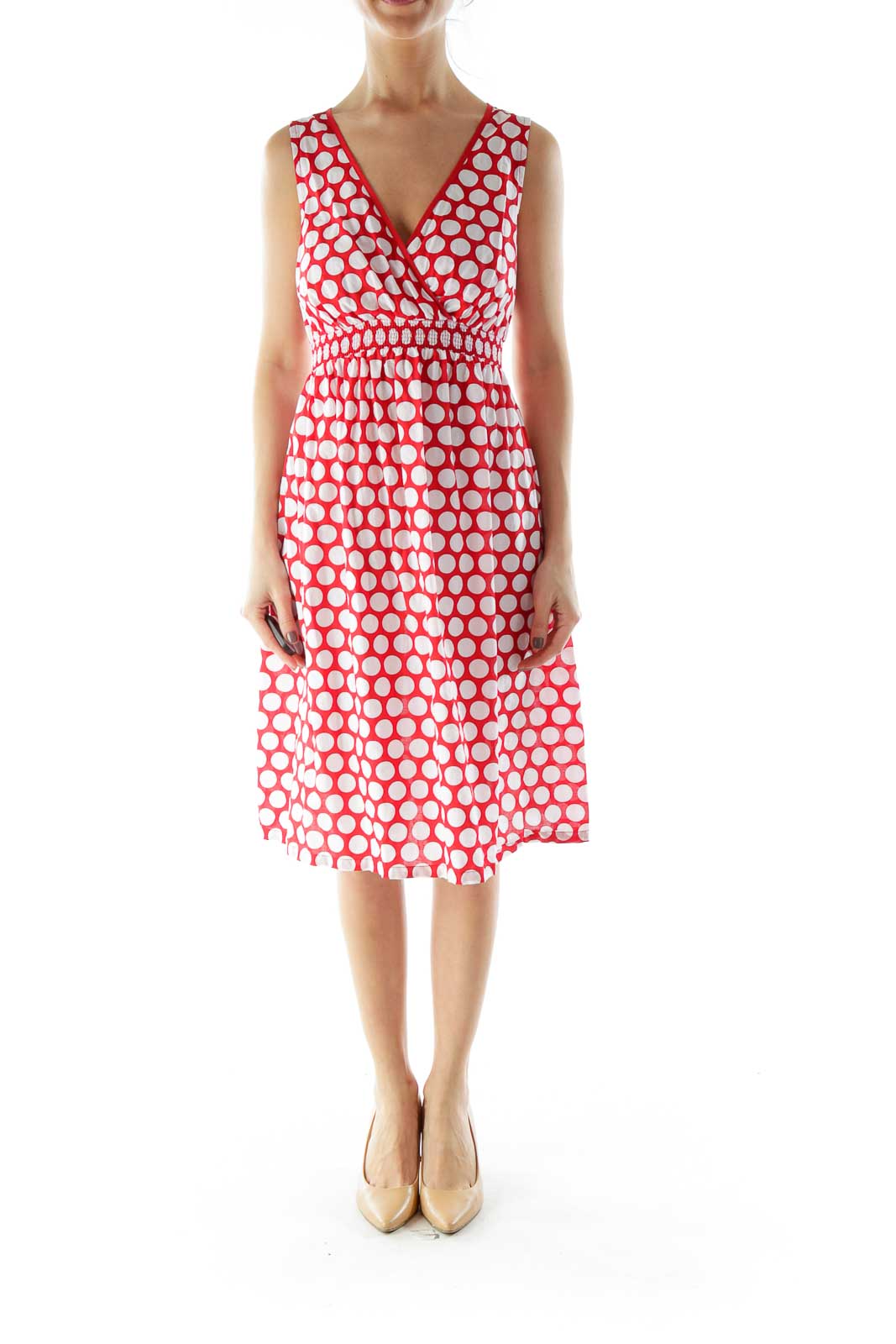 Red White Polka-Dot V-Neck Day Dress