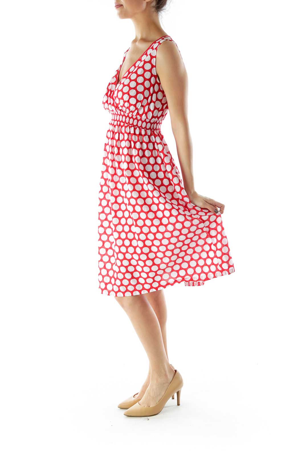 Red White Polka-Dot V-Neck Day Dress