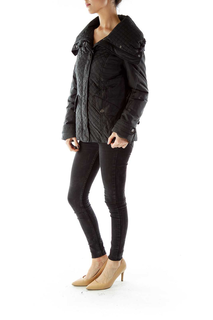 Black Buttoned Pocketed Padded Jacket