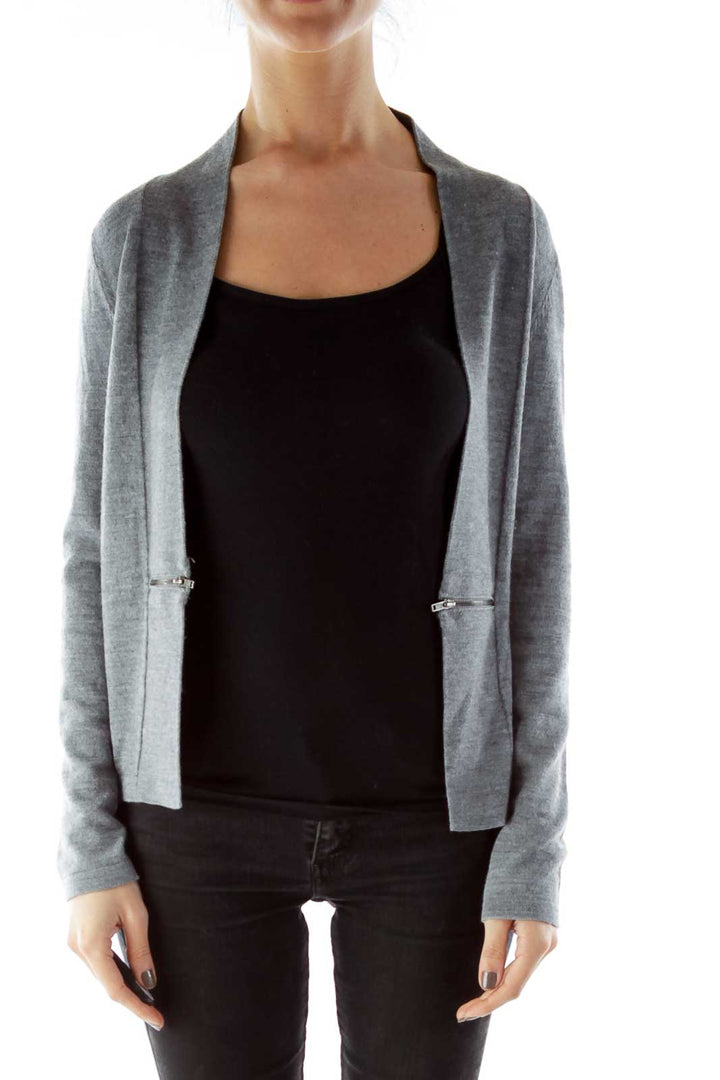 Gray Zippered Textured Open Cardigan