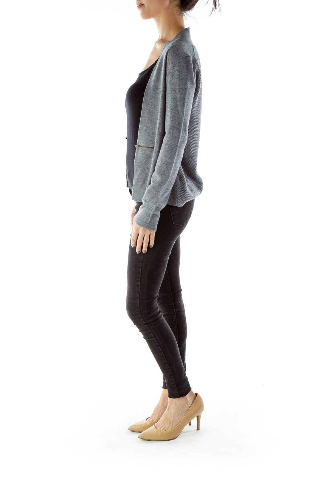 Gray Zippered Textured Open Cardigan