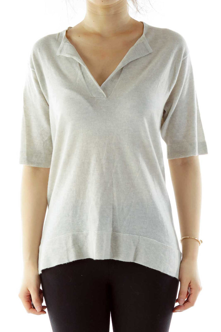 Gray V-Neck Short-Sleeve Cashmere Top