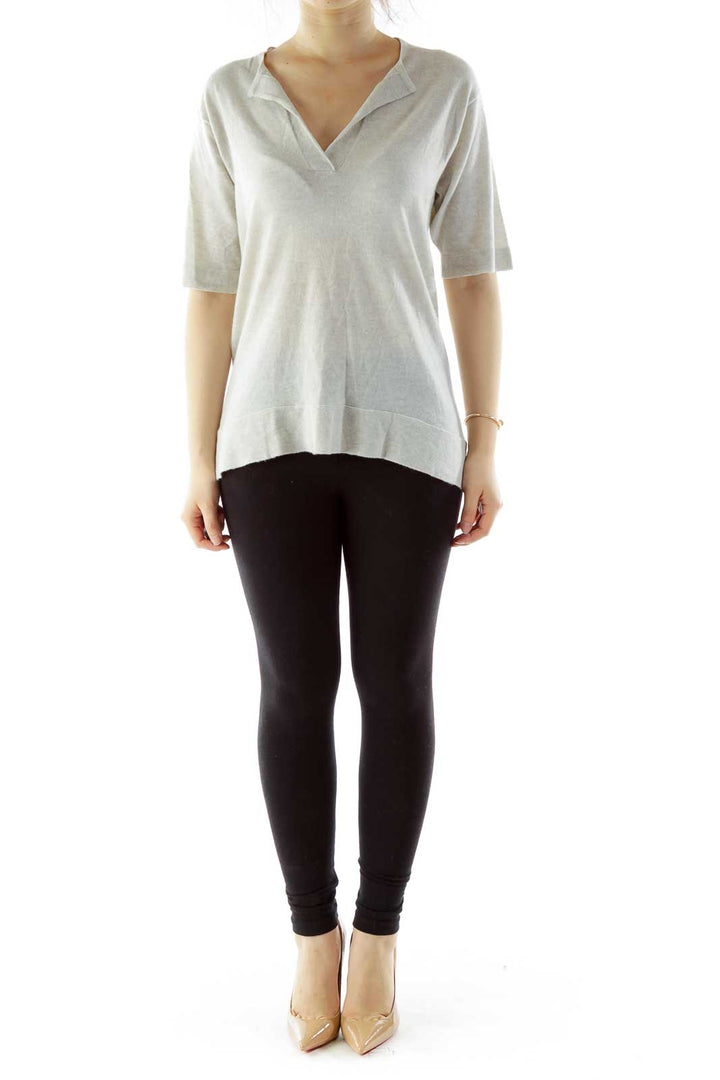 Gray V-Neck Short-Sleeve Cashmere Top