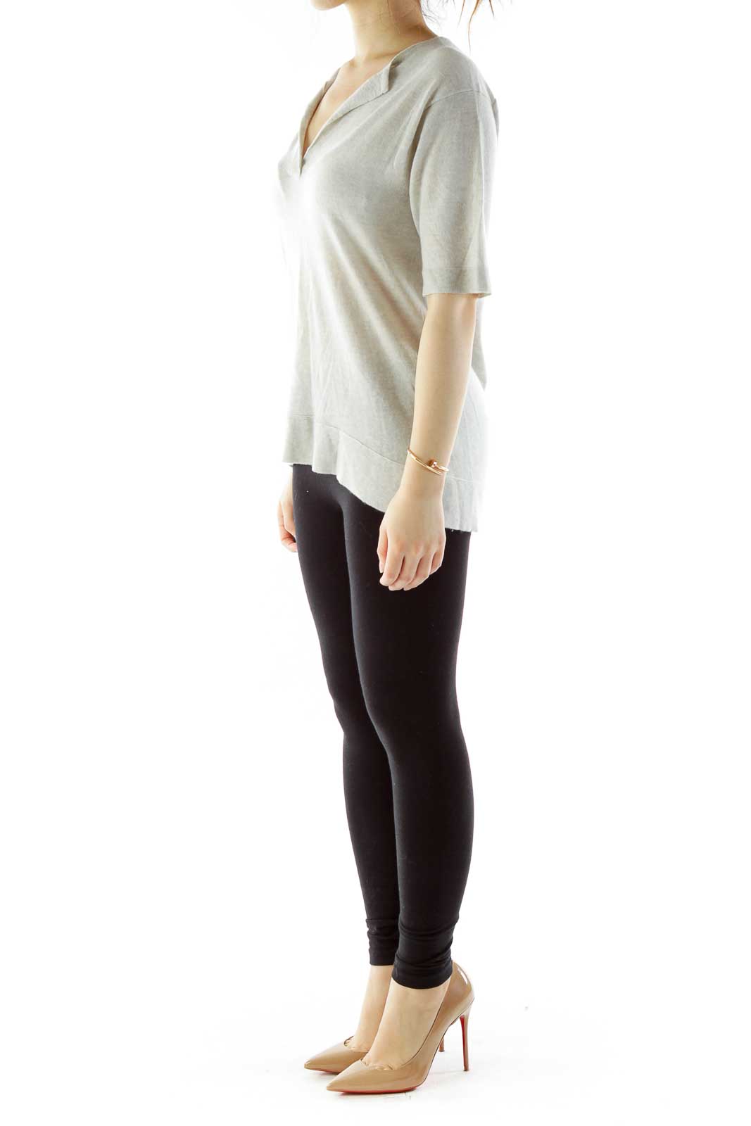 Gray V-Neck Short-Sleeve Cashmere Top