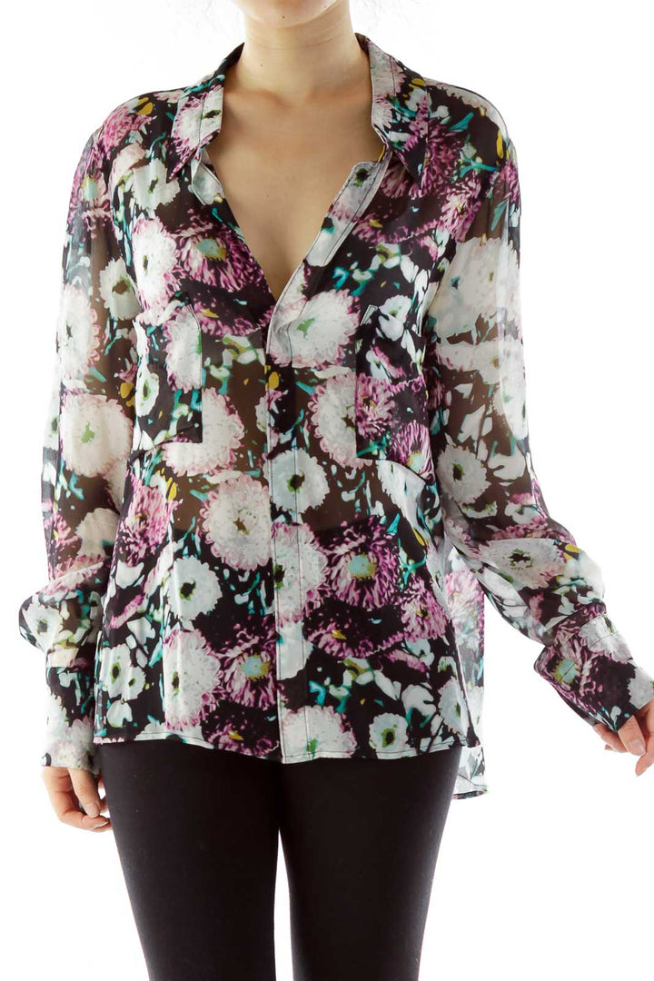 Multicolor Flower Print Sheer Blouse