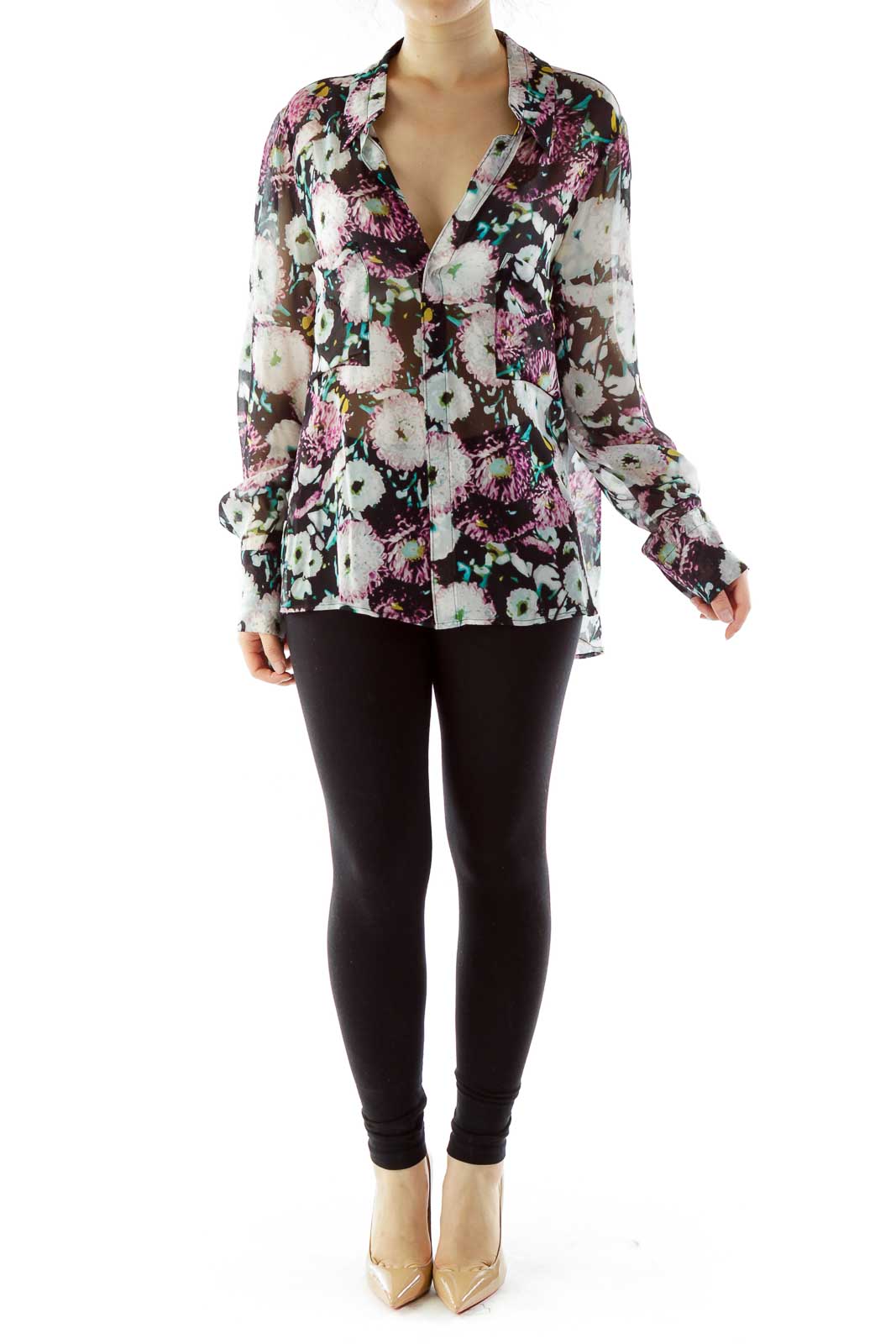 Multicolor Flower Print Sheer Blouse