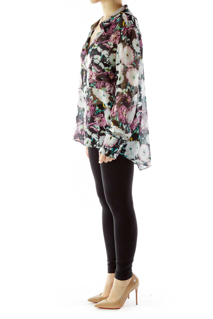 Multicolor Flower Print Sheer Blouse