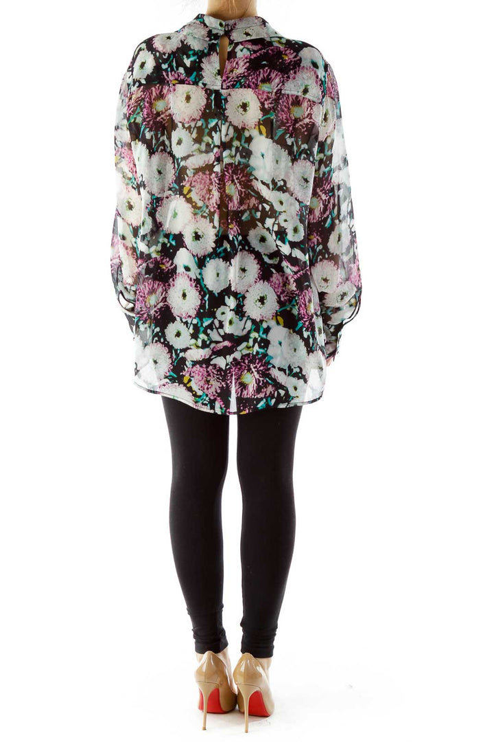 Multicolor Flower Print Sheer Blouse