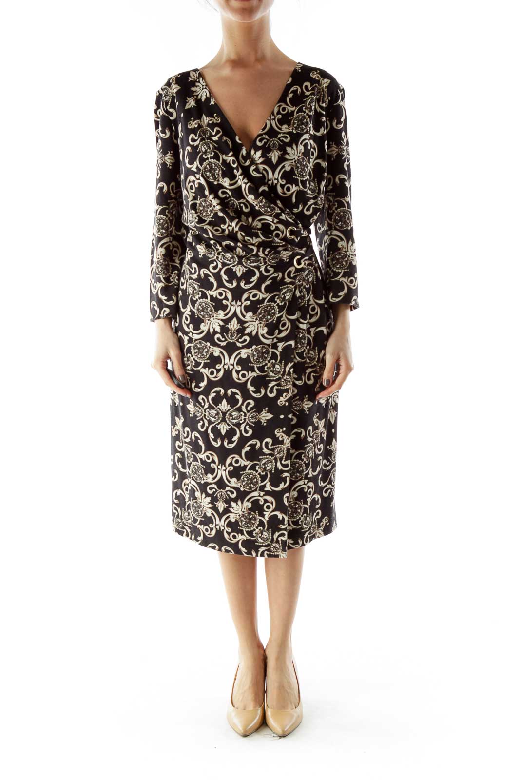 Black Cream V-neck Floral Print Wrap Dress