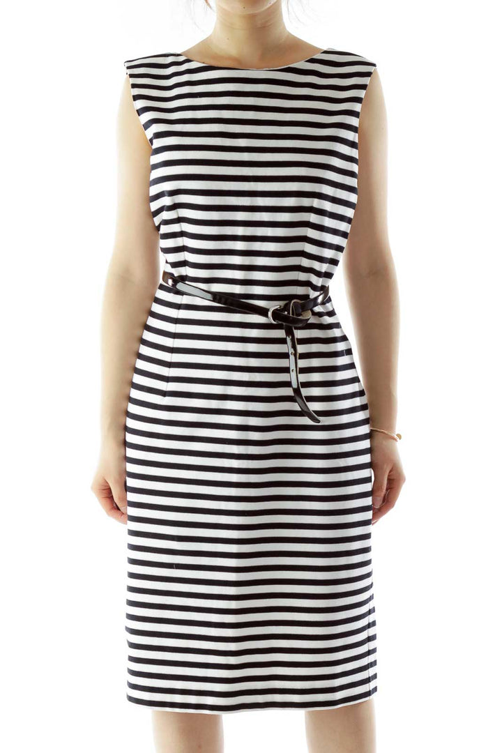 Black White Striped Belted Day Dress