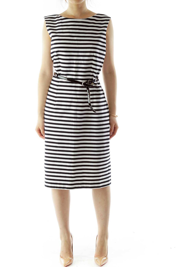 Black White Striped Belted Day Dress