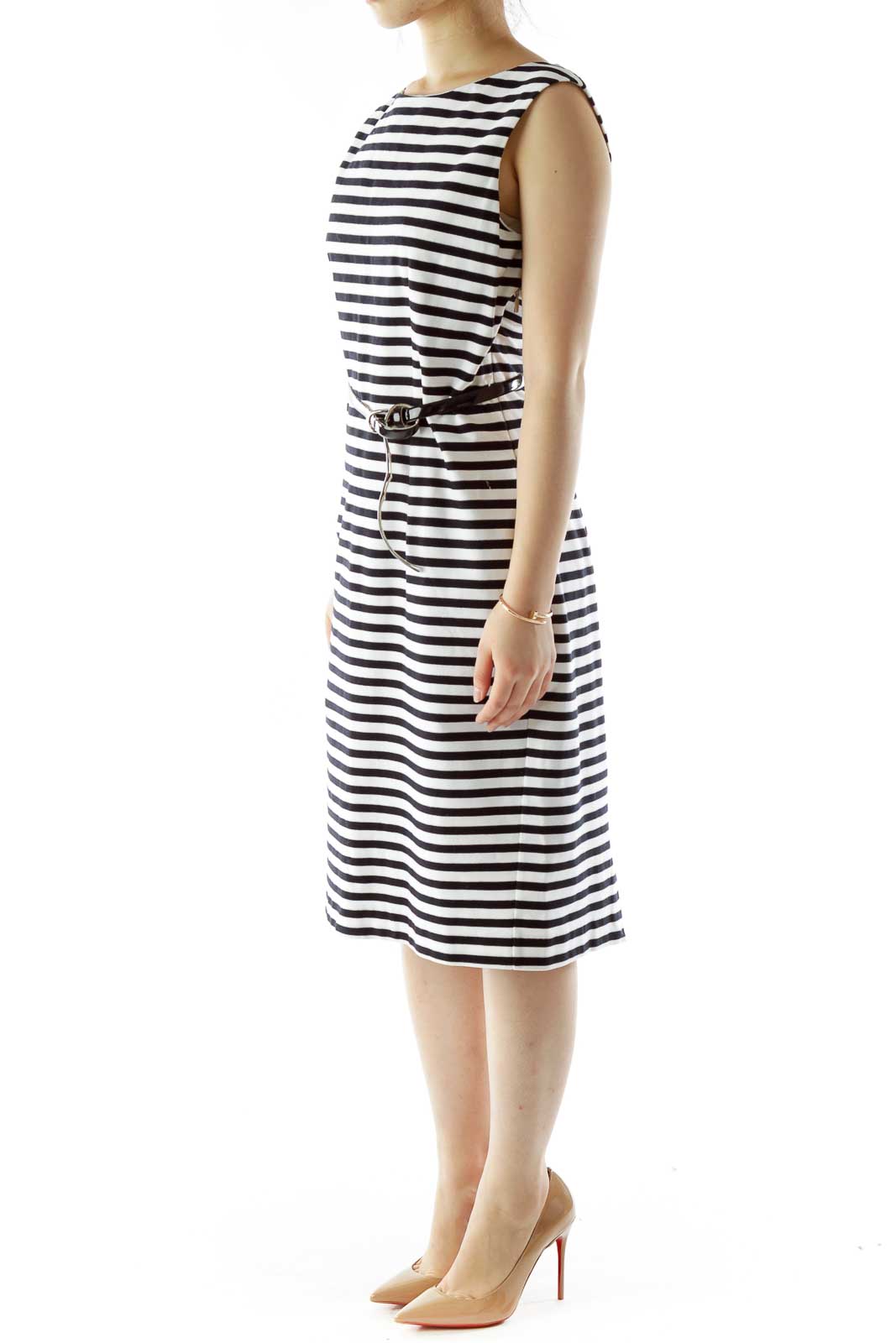 Black White Striped Belted Day Dress