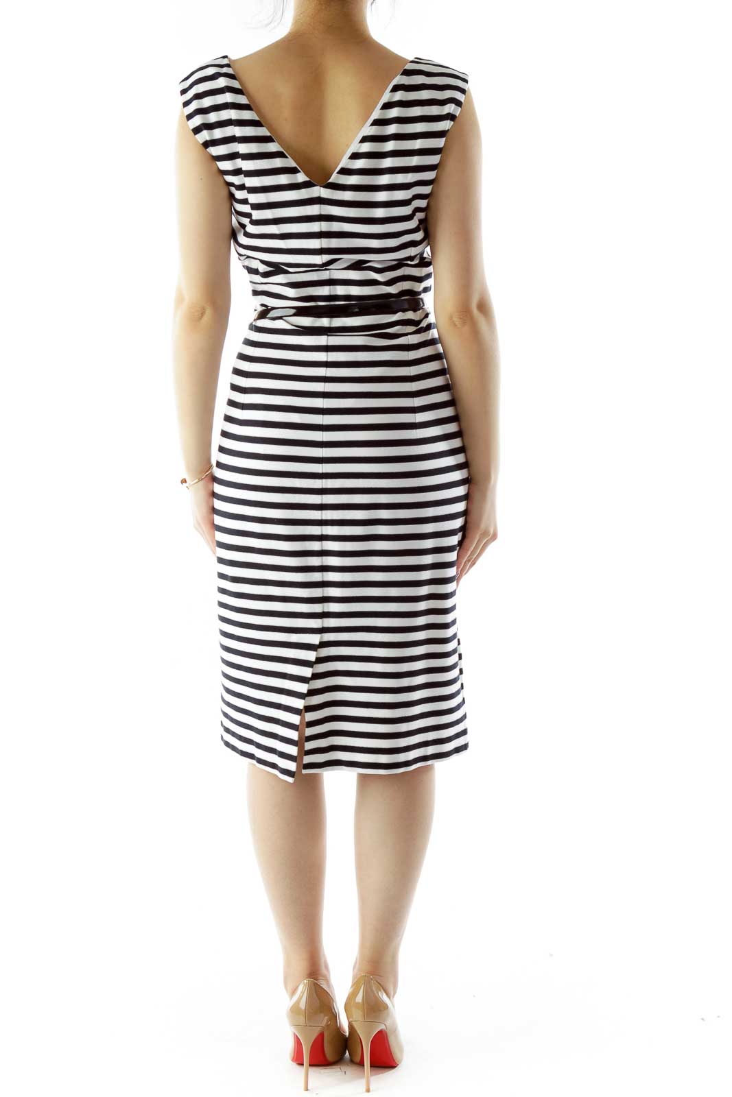 Black White Striped Belted Day Dress