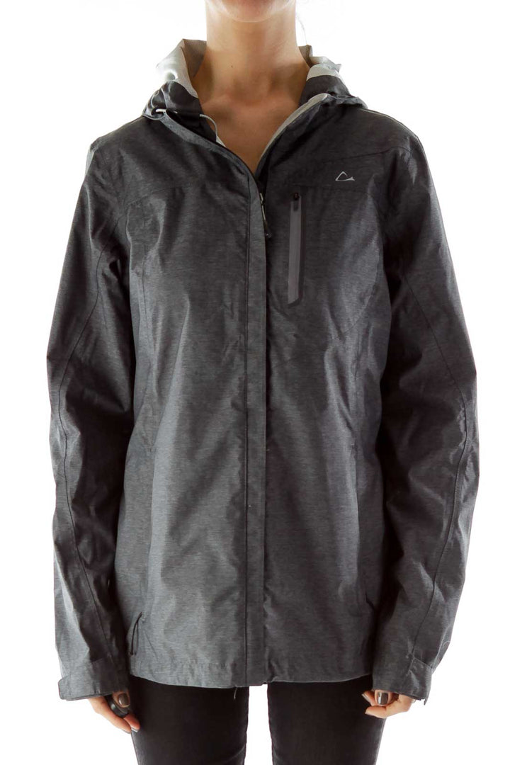 Gray Hooded Pocketed Rainproof Sports Jacket