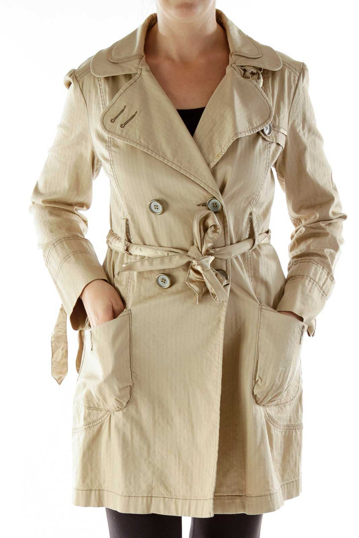 Beige Pinstriped Double-Breasted Belted Coat