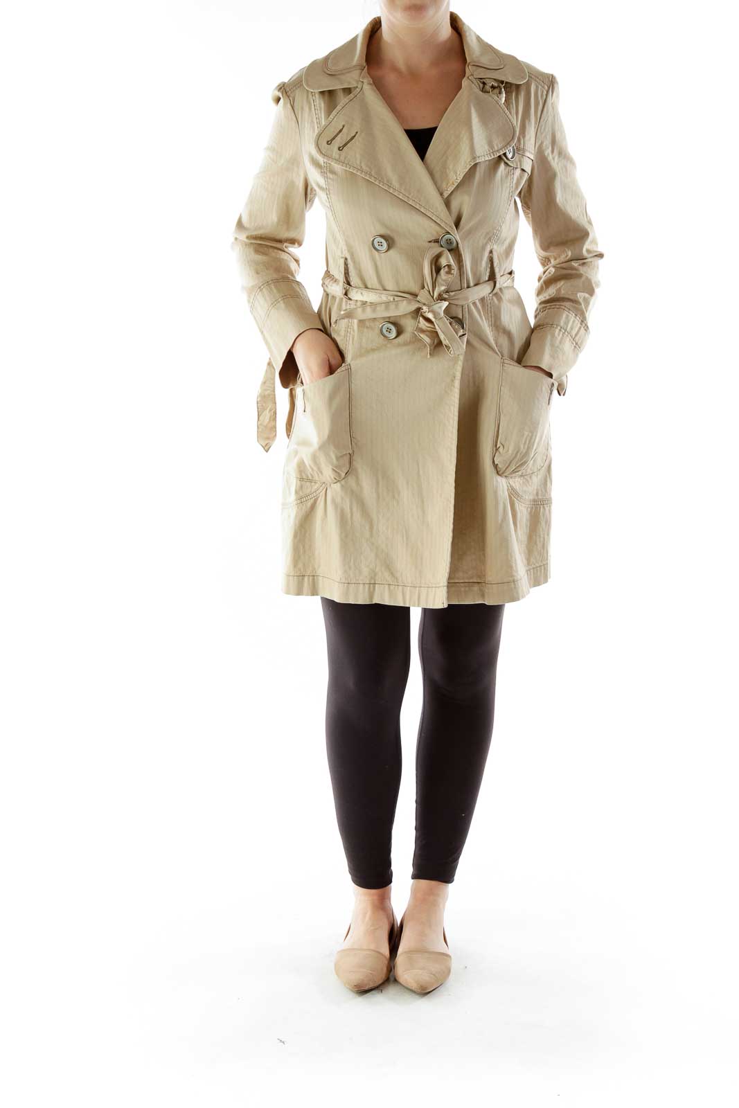 Beige Pinstriped Double-Breasted Belted Coat