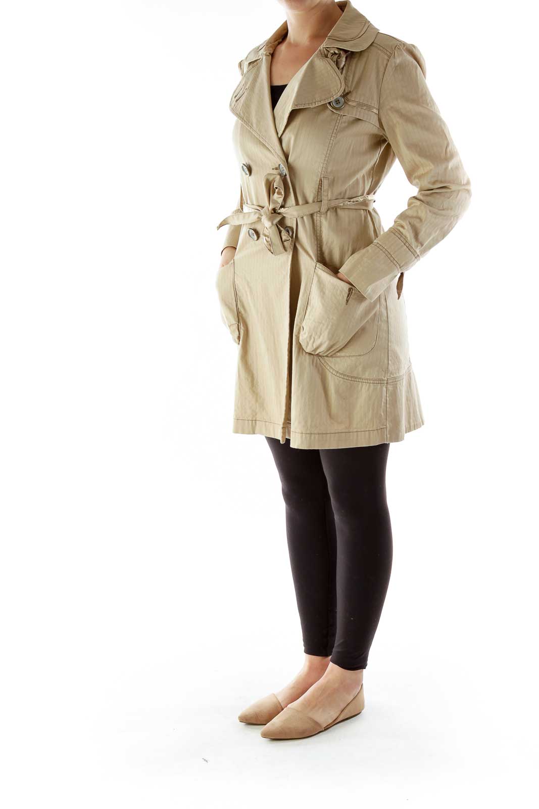 Beige Pinstriped Double-Breasted Belted Coat