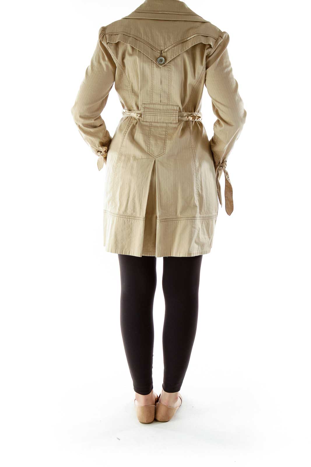 Beige Pinstriped Double-Breasted Belted Coat