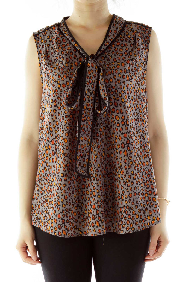 Gray Leopard Sleeveless Blouse With Sash Detail