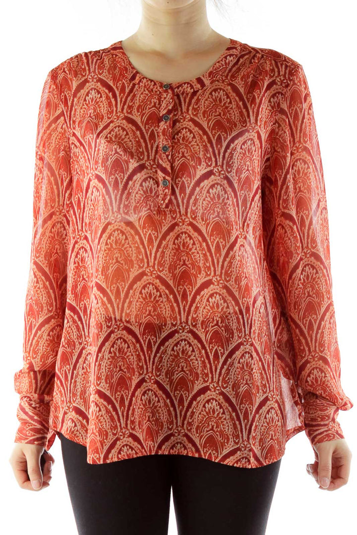 Red Buttoned Print Sheer Blouse