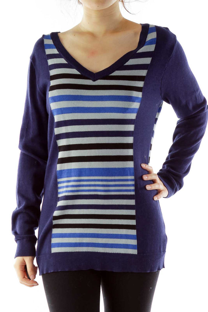 Navy Gray Striped V-Neck Knit Top