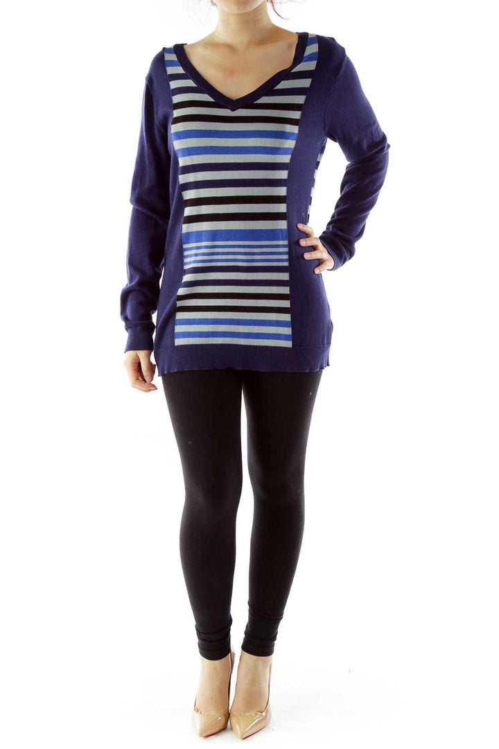 Navy Gray Striped V-Neck Knit Top