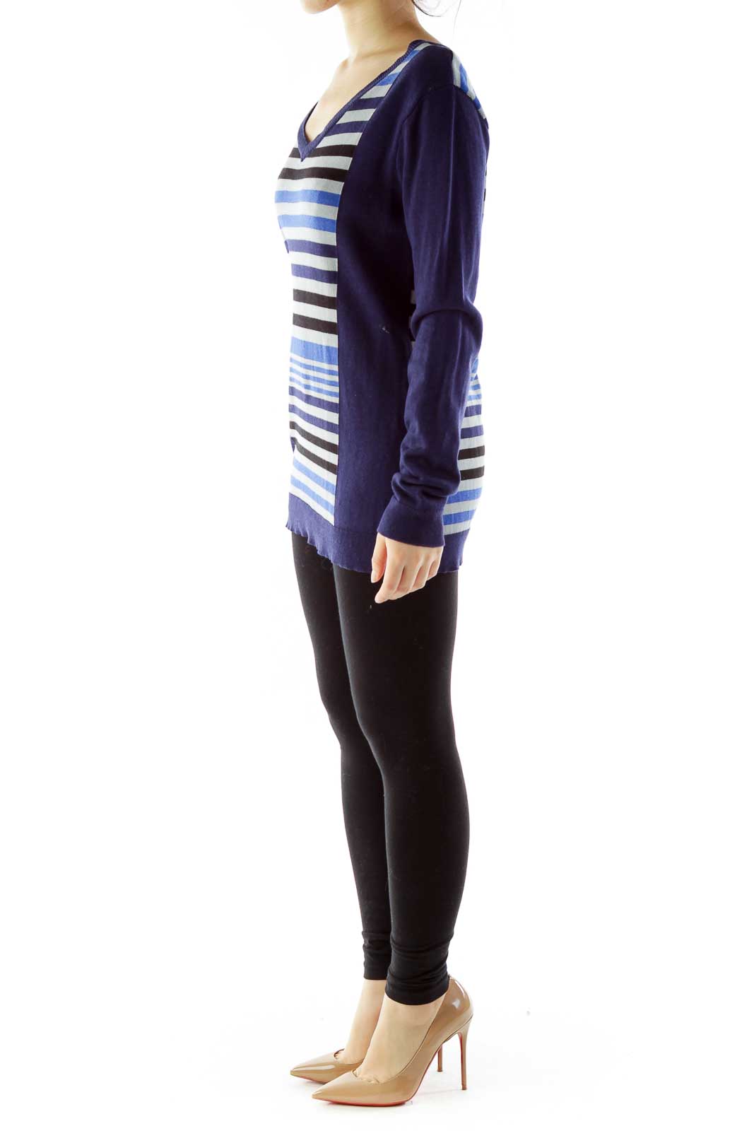 Navy Gray Striped V-Neck Knit Top