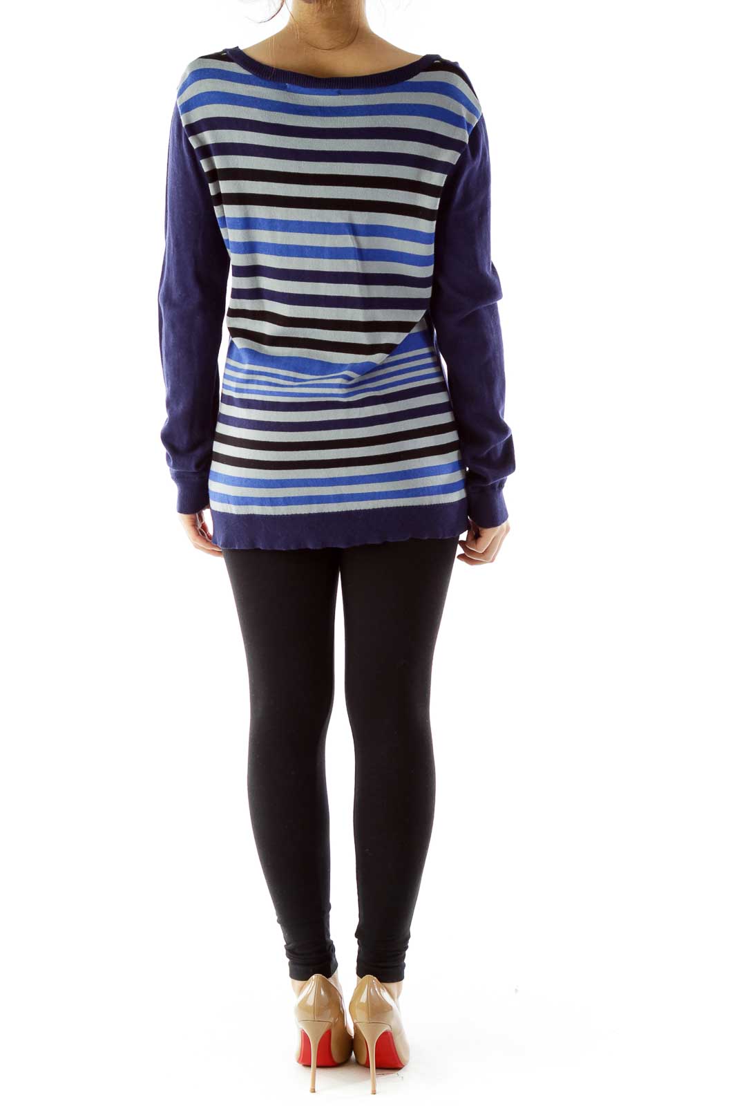 Navy Gray Striped V-Neck Knit Top