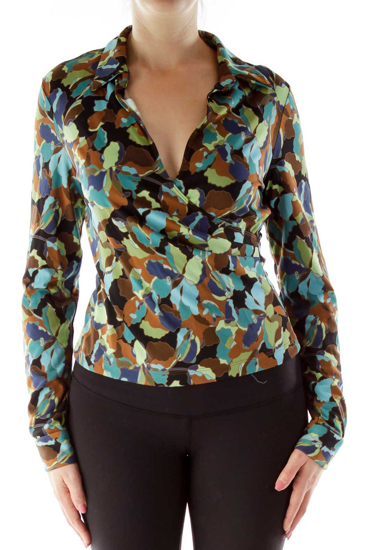 Blue Brown Green Print V-neck Top