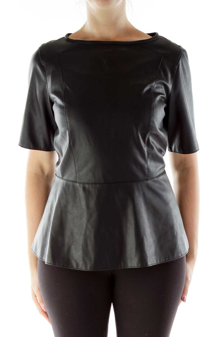 Black Faux-Leather Peplum Top