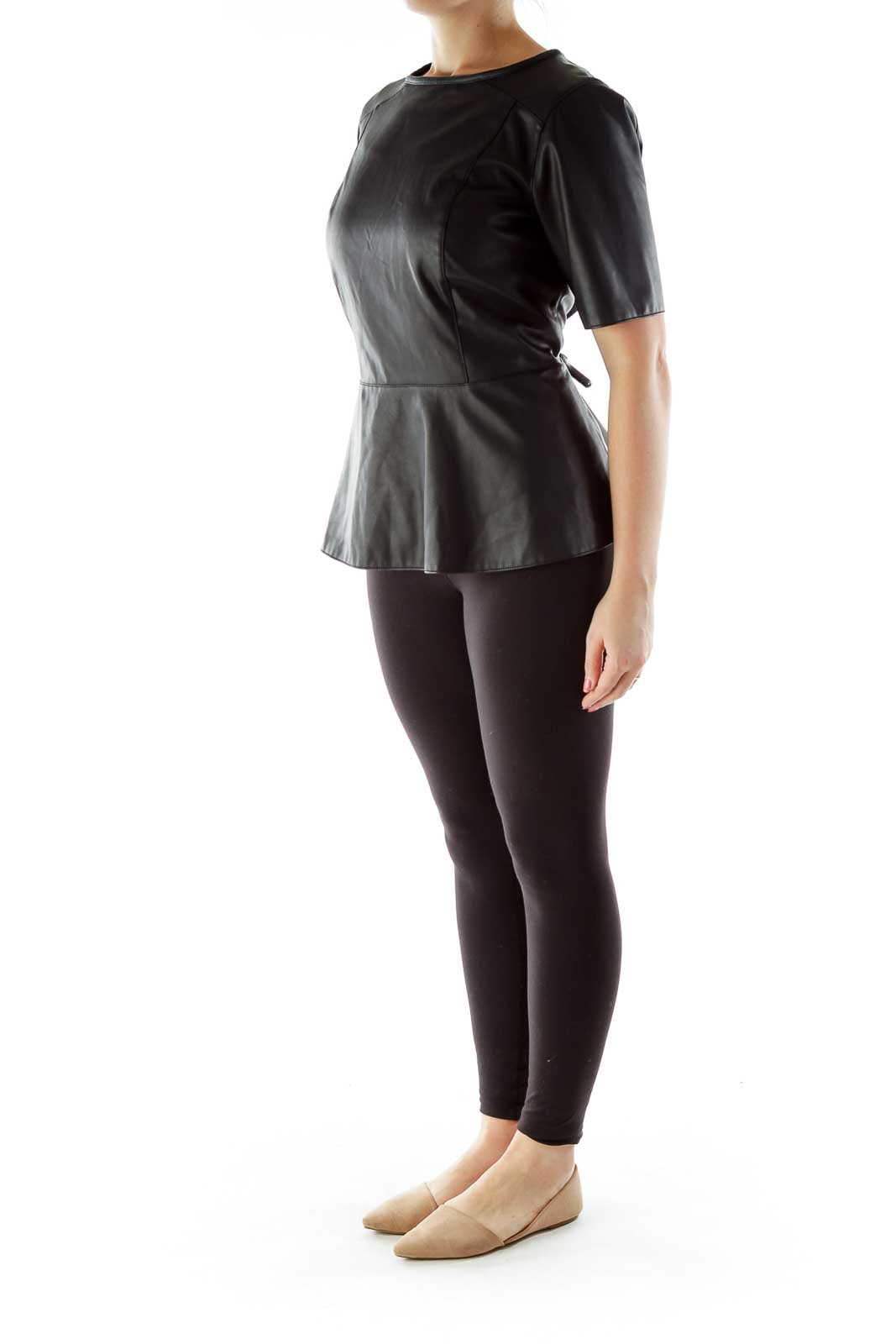 Black Faux-Leather Peplum Top