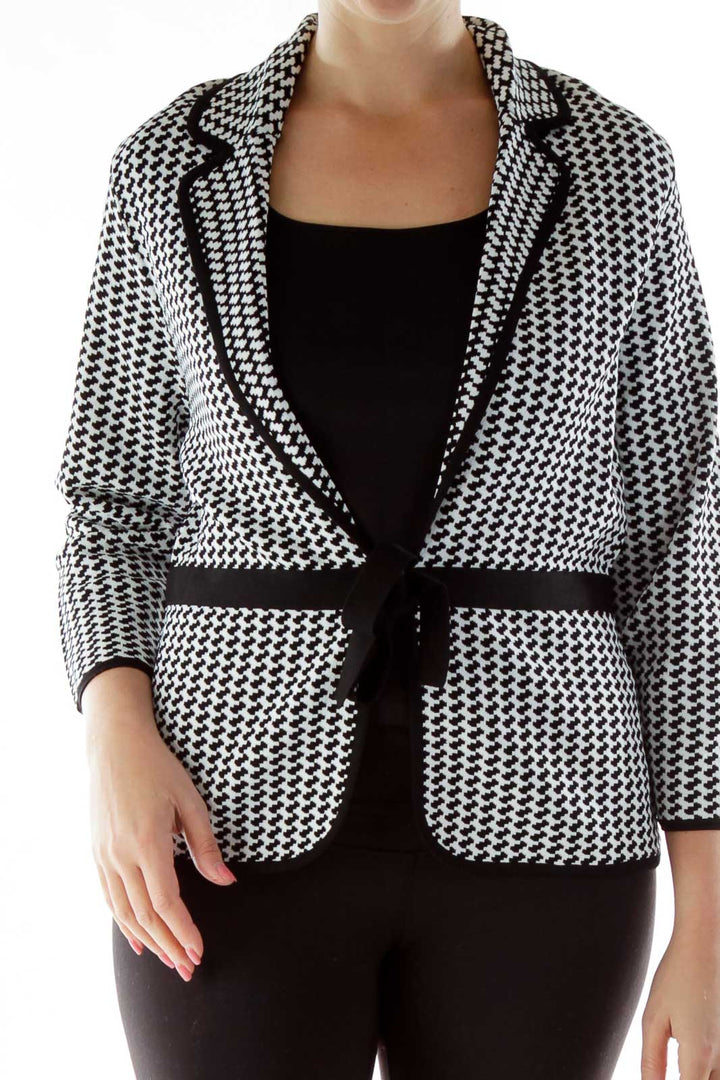 Black White Belted Knit Jacket