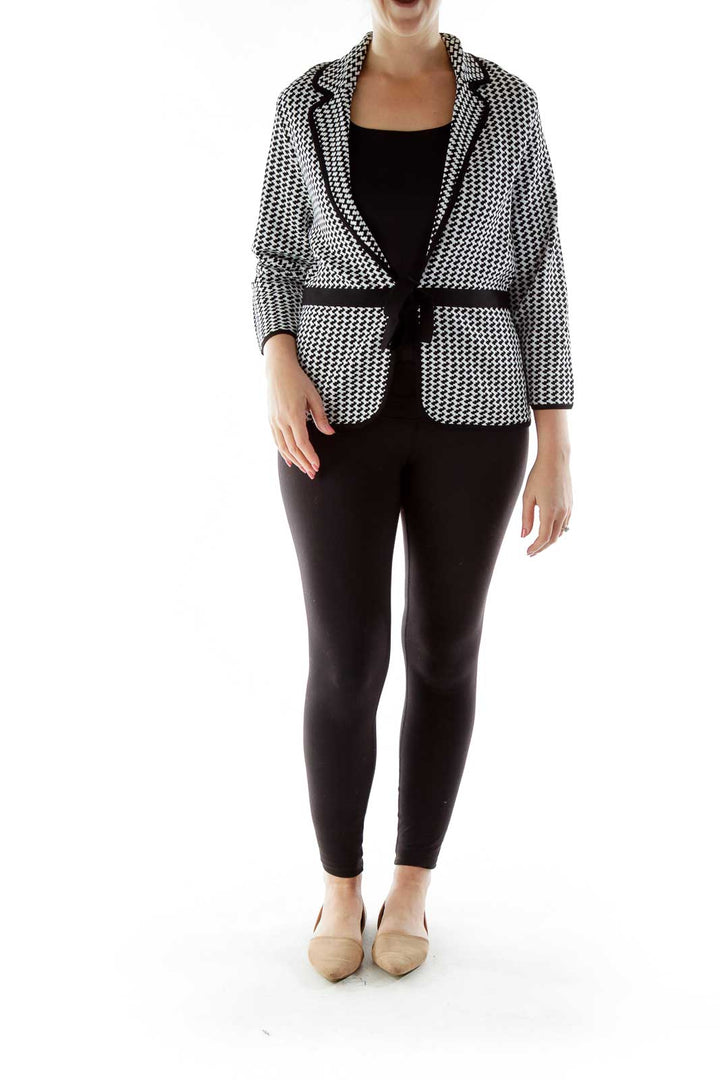 Black White Belted Knit Jacket