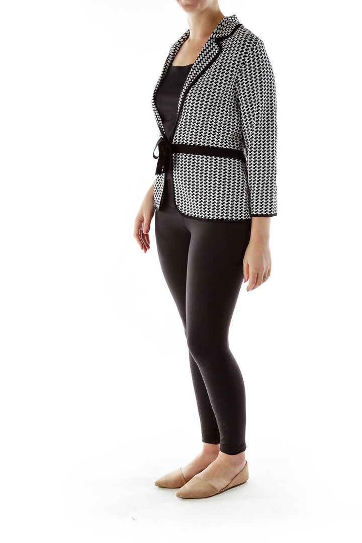 Black White Belted Knit Jacket